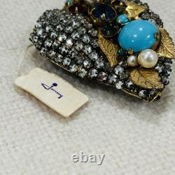 Nice Signed Miriam Haskell Brooch Pin Back Rhinestone Turquoise Gold Tone Vtg