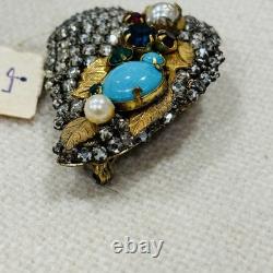 Nice Signed Miriam Haskell Brooch Pin Back Rhinestone Turquoise Gold Tone Vtg