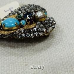 Nice Signed Miriam Haskell Brooch Pin Back Rhinestone Turquoise Gold Tone Vtg
