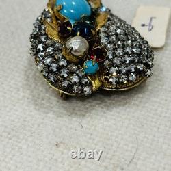 Nice Signed Miriam Haskell Brooch Pin Back Rhinestone Turquoise Gold Tone Vtg