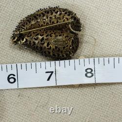 Nice Signed Miriam Haskell Brooch Pin Back Rhinestone Turquoise Gold Tone Vtg