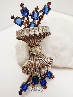 PENNINO Brooch Vintage Blue Red Crystal Rhinestone Pin Costume Jewelry Sterling