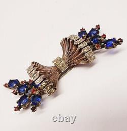 PENNINO Brooch Vintage Blue Red Crystal Rhinestone Pin Costume Jewelry Sterling