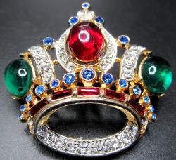Pegasus CORO Red & Green Cabochon Rhinestone Crown Vintage Pin Brooch