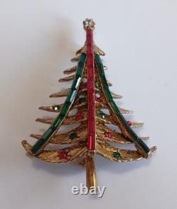 Pell Vintage Red Green Clear Rhinestone Christmas Tree Pin Brooch