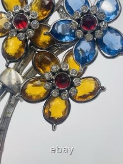 Pennino Vintage Silver Tone Rhinestone Glass Point Petals Flower Brooch Pin