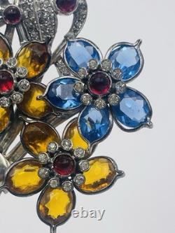 Pennino Vintage Silver Tone Rhinestone Glass Point Petals Flower Brooch Pin