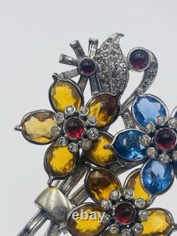 Pennino Vintage Silver Tone Rhinestone Glass Point Petals Flower Brooch Pin