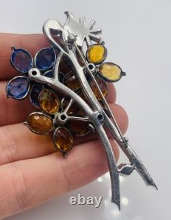 Pennino Vintage Silver Tone Rhinestone Glass Point Petals Flower Brooch Pin