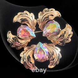 Pink Aurora Borealis Rhinestone Brooch Mid-Century Glamour Leaf Vintage Glamour