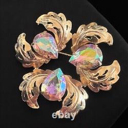 Pink Aurora Borealis Rhinestone Brooch Mid-Century Glamour Leaf Vintage Glamour