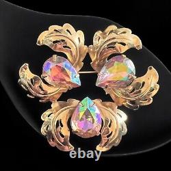 Pink Aurora Borealis Rhinestone Brooch Mid-Century Glamour Leaf Vintage Glamour