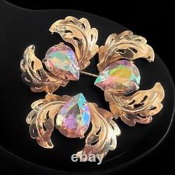 Pink Aurora Borealis Rhinestone Brooch Mid-Century Glamour Leaf Vintage Glamour