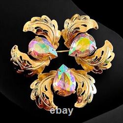 Pink Aurora Borealis Rhinestone Brooch Mid-Century Glamour Leaf Vintage Glamour