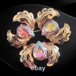 Pink Aurora Borealis Rhinestone Brooch Mid-Century Glamour Leaf Vintage Glamour