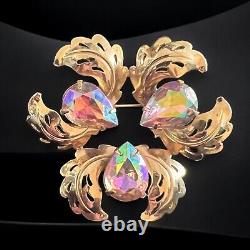 Pink Aurora Borealis Rhinestone Brooch Mid-Century Glamour Leaf Vintage Glamour