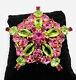 Pink & Glowing Green UG Uranium Glass Rhinestone Star Brooch Vintage Jewelry