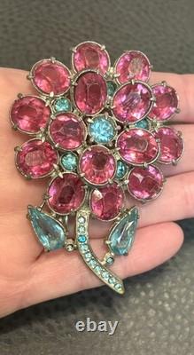 RARE ART DECO VINTAGE PINK BLUE Flower RHINESTONE 3D LARGE Brooch PIN STARET