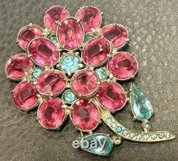 RARE ART DECO VINTAGE PINK BLUE Flower RHINESTONE 3D LARGE Brooch PIN STARET