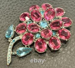 RARE ART DECO VINTAGE PINK BLUE Flower RHINESTONE 3D LARGE Brooch PIN STARET