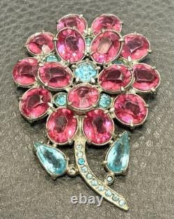 RARE ART DECO VINTAGE PINK BLUE Flower RHINESTONE 3D LARGE Brooch PIN STARET