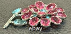 RARE ART DECO VINTAGE PINK BLUE Flower RHINESTONE 3D LARGE Brooch PIN STARET