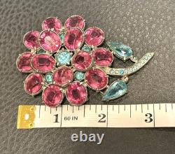 RARE ART DECO VINTAGE PINK BLUE Flower RHINESTONE 3D LARGE Brooch PIN STARET