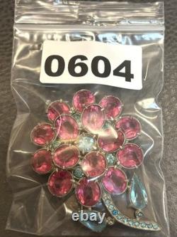 RARE ART DECO VINTAGE PINK BLUE Flower RHINESTONE 3D LARGE Brooch PIN STARET