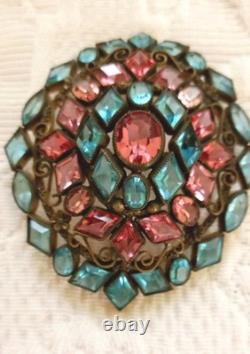 RARE ART DECO VINTAGE Robert Pink Aqua Gold Huge Pin