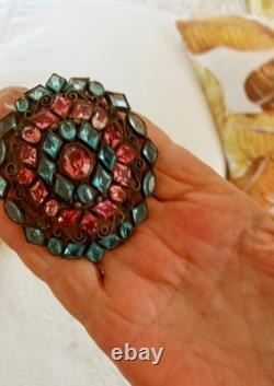 RARE ART DECO VINTAGE Robert Pink Aqua Gold Huge Pin