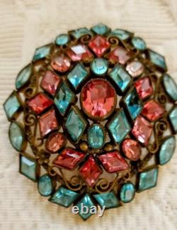 RARE ART DECO VINTAGE Robert Pink Aqua Gold Huge Pin