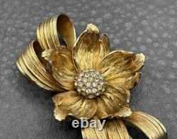 RARE Grosse Dior Designer C. 1964 Flower Brooch Pin Gold Tone Rhinestone Vintage