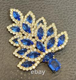 RARE HUGE VASARI VTG Christmas Tree Statement Brooch Royal Blue Rhinestone 3.5