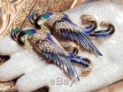 RARE Signed Vintage Sterling COROCRAFT Enamel Rhinestone Bird Duette Pin Brooch