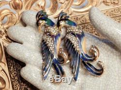 RARE Signed Vintage Sterling COROCRAFT Enamel Rhinestone Bird Duette Pin Brooch