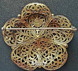 RARE! VINTAGE JOSEFF OF HOLLYWOOD RED CAB WithLEAVES OPEN WORK FILIGREE BROOCH PIN