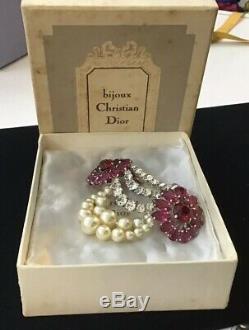 RARE VTG 1959 Christian Dior Brooch Rhinestone Pearl Mint Condition Original Box