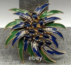 RARE VTG JOMAZ Blue Green Enamel Flower Cabochon Rhinestone Gold Tone Brooch Pin