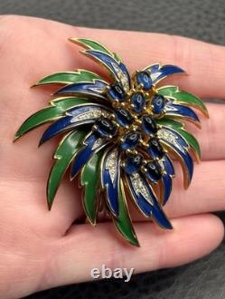 RARE VTG JOMAZ Blue Green Enamel Flower Cabochon Rhinestone Gold Tone Brooch Pin