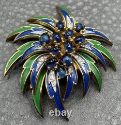 RARE VTG JOMAZ Blue Green Enamel Flower Cabochon Rhinestone Gold Tone Brooch Pin