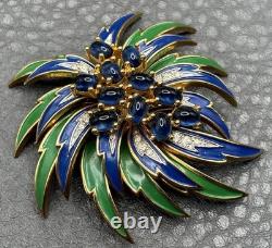 RARE VTG JOMAZ Blue Green Enamel Flower Cabochon Rhinestone Gold Tone Brooch Pin