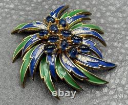 RARE VTG JOMAZ Blue Green Enamel Flower Cabochon Rhinestone Gold Tone Brooch Pin