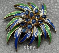 RARE VTG JOMAZ Blue Green Enamel Flower Cabochon Rhinestone Gold Tone Brooch Pin