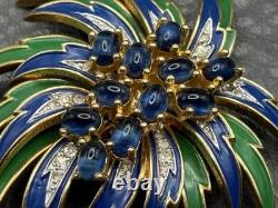 RARE VTG JOMAZ Blue Green Enamel Flower Cabochon Rhinestone Gold Tone Brooch Pin