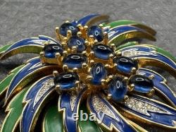 RARE VTG JOMAZ Blue Green Enamel Flower Cabochon Rhinestone Gold Tone Brooch Pin