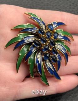 RARE VTG JOMAZ Blue Green Enamel Flower Cabochon Rhinestone Gold Tone Brooch Pin