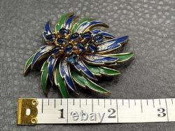 RARE VTG JOMAZ Blue Green Enamel Flower Cabochon Rhinestone Gold Tone Brooch Pin