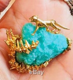 RARE VTG Marcel Boucher Turquoise Coral Rhinestone Mountain Lion Figural Brooch