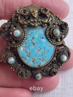 RARE Vintage 1920s Neiger Bros Robins Egg Blue Glass Rhinestone Face Brooch READ