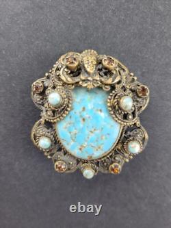 RARE Vintage 1920s Neiger Bros Robins Egg Blue Glass Rhinestone Face Brooch READ